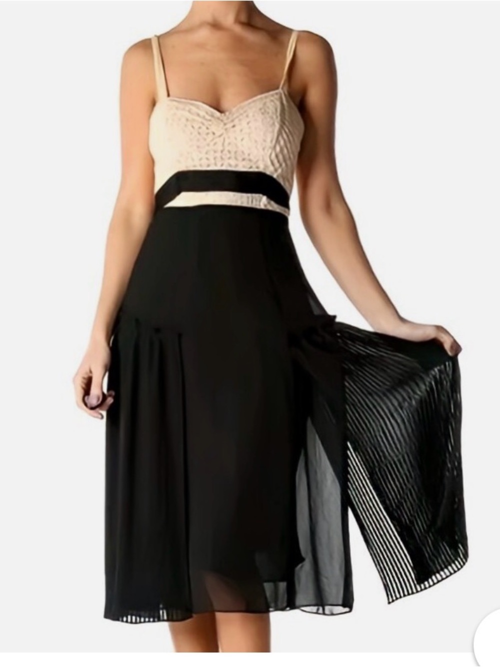 BCBGMaxAzria Black and Cream Spaghetti-Strap Midi Dress
